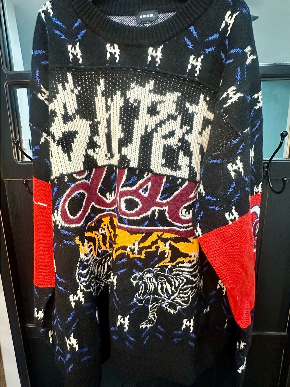 Diesel Black Multicolor Graphic Crewneck Sweater with Red Elbow Panels